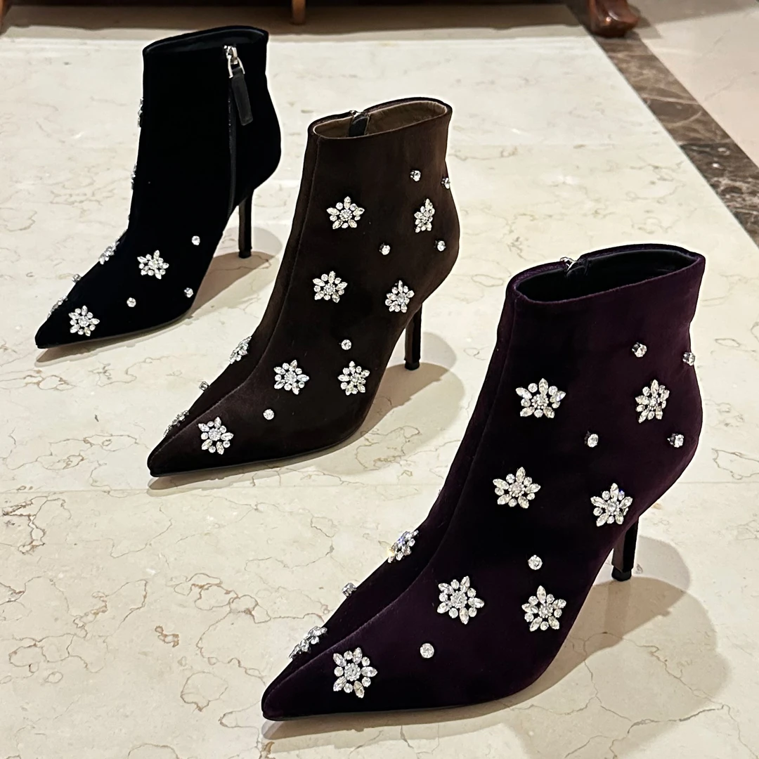 【冬季新款】时装鞋金丝绒手工缝制水钻轻奢短筒靴尖头新中式女鞋