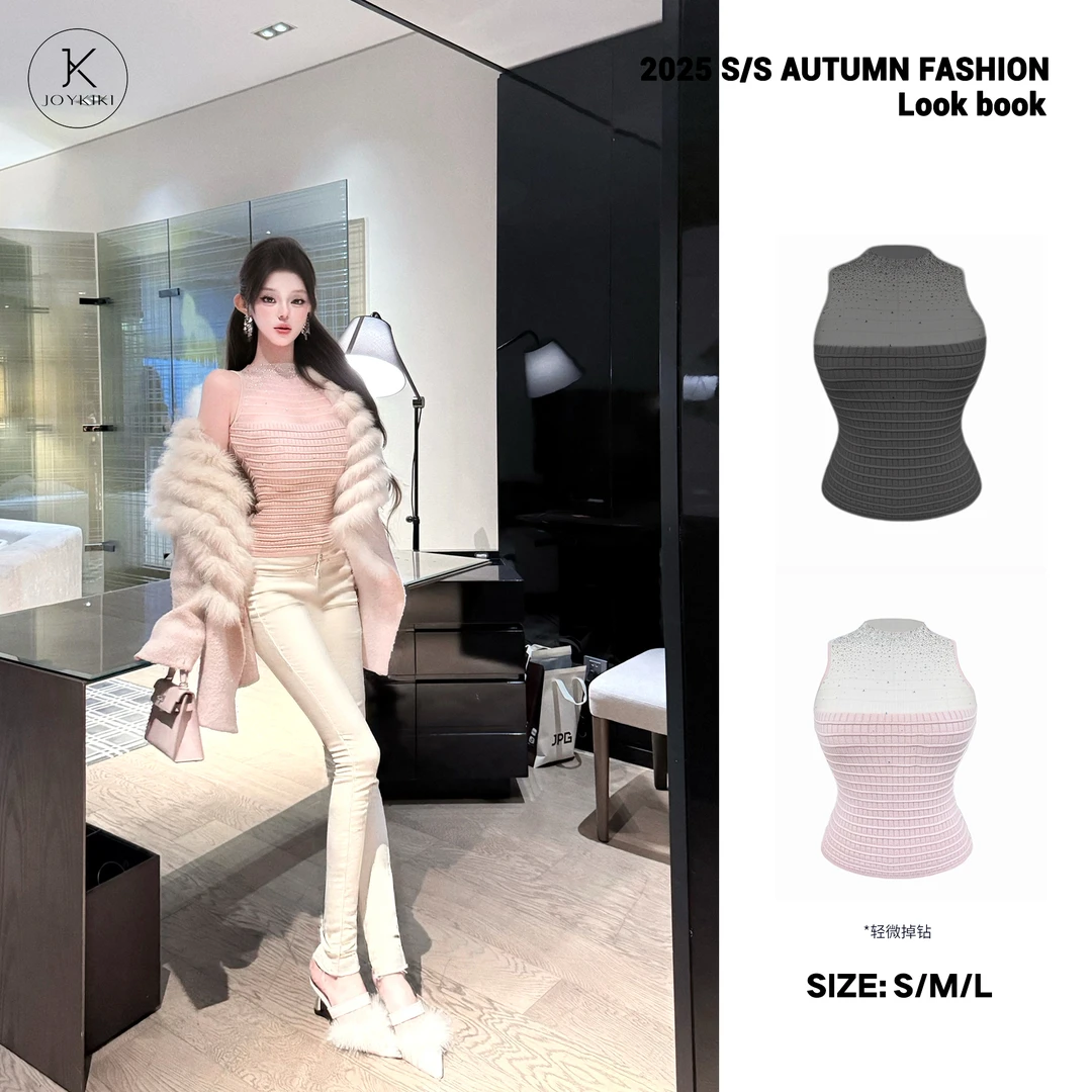 JOYKIKI金金【浮光姐姐】秋季气质御姐拼接烫钻设计上衣J25D011