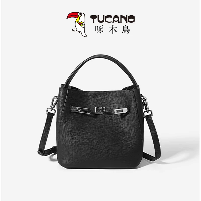 TUCANO/啄木鳥荔枝纹防盗水桶包法式韩式斜挎包肩包时尚轻奢黑色