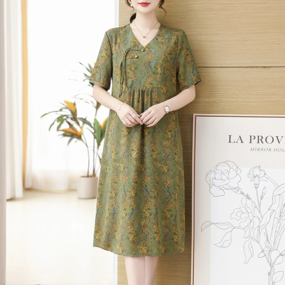 2846  V领显瘦夏款时尚碎花裙气质洋气短袖长裙