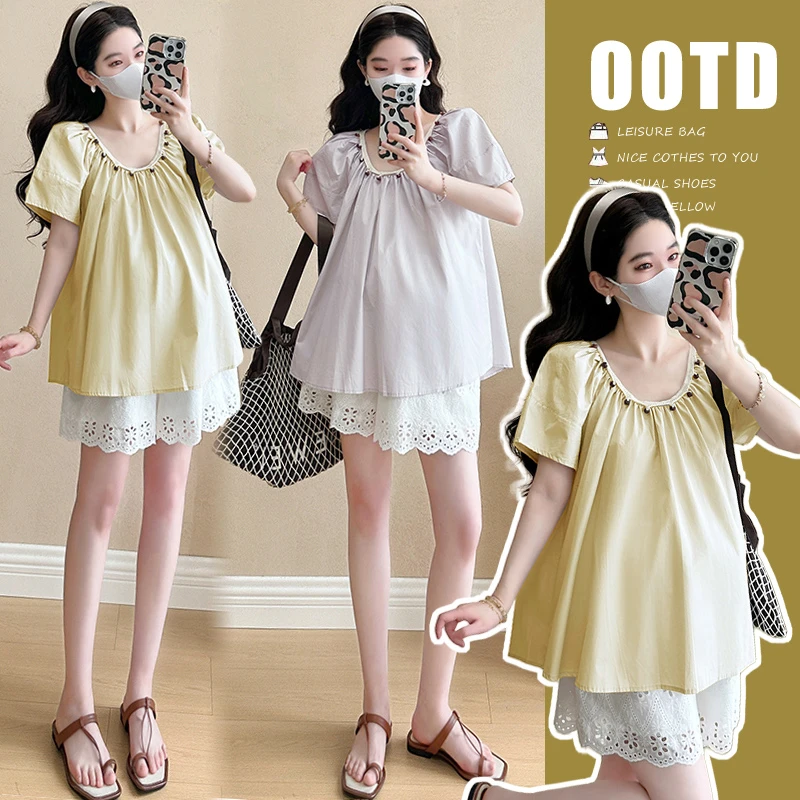 2026孕妇装夏季新款韩版宽松手工编织钉珠上衣+蕾丝短裤孕妇套装