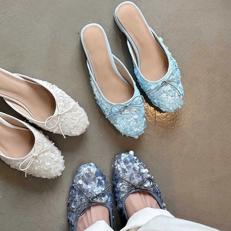 包头拖2025年夏季韩版粗跟蝴蝶结珠光亮片包头粗跟半拖