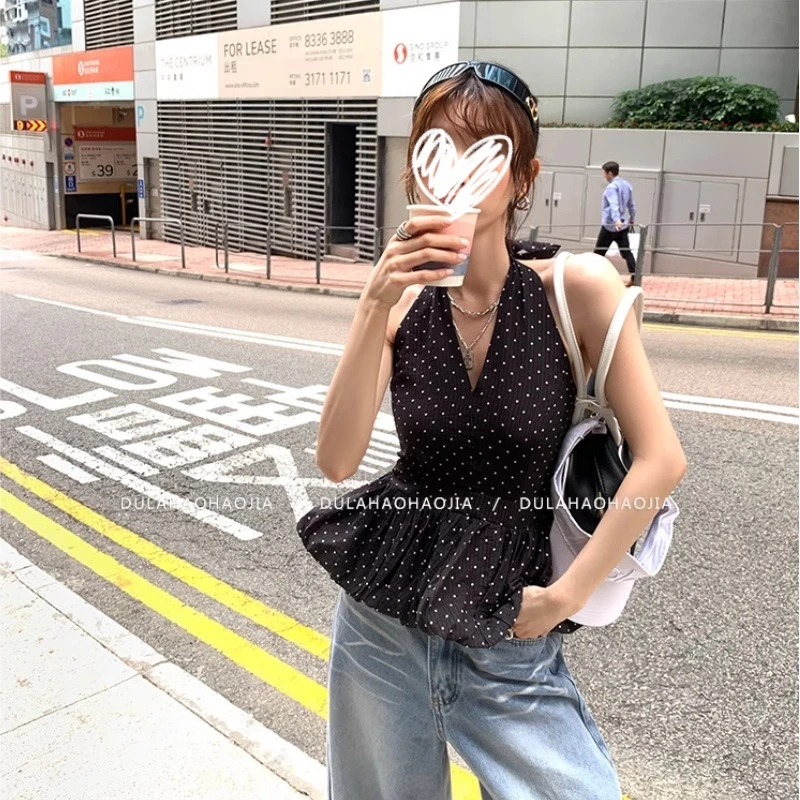 辣妹波点设计感裙摆花苞挂脖背心女夏季收腰显瘦上衣