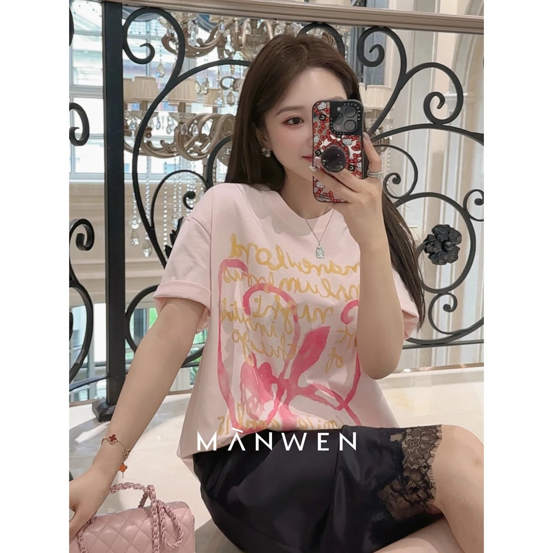 【曼文kiki】“元气字母T"活力满满粉色涂鸦字母印花T恤 25S303