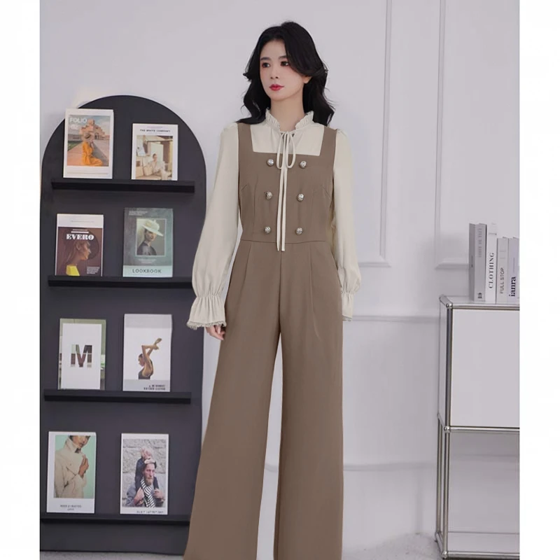 高级穿搭时尚百搭连体背带显瘦长袖宽松小个子秋冬阔腿连体裤