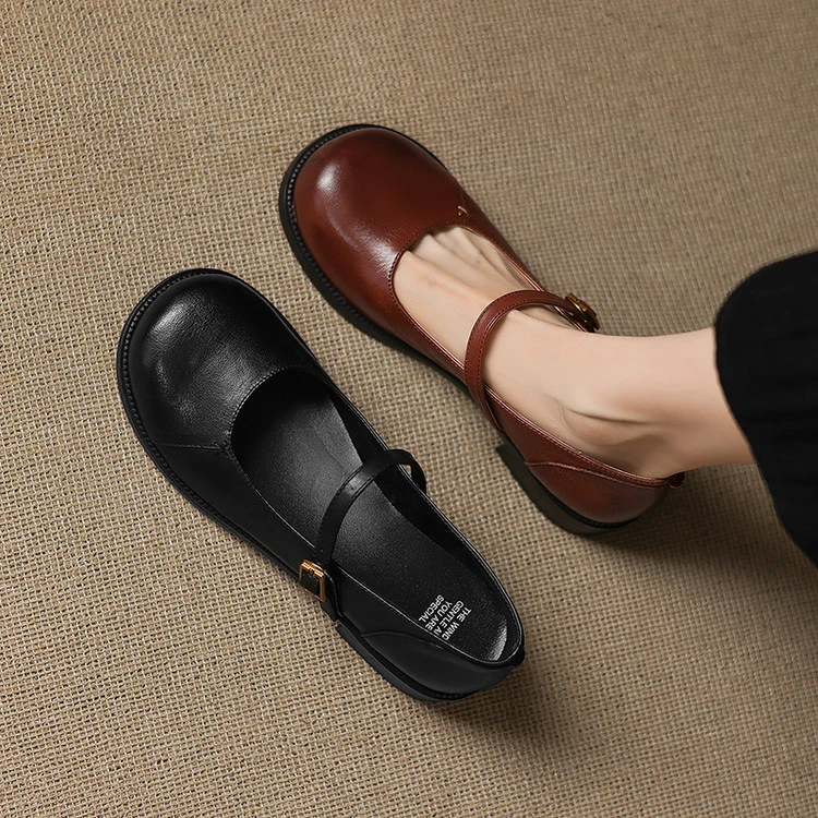 学院风复古头层牛皮一字带玛丽珍小皮鞋百搭圆头粗跟大头娃娃鞋女