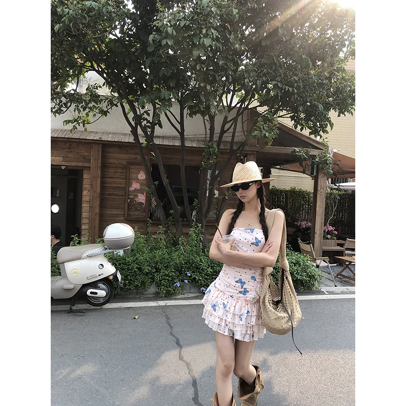 【HRG清仓】春夏印花设计感气质缩褶收腰显瘦连衣裙252Y1855#