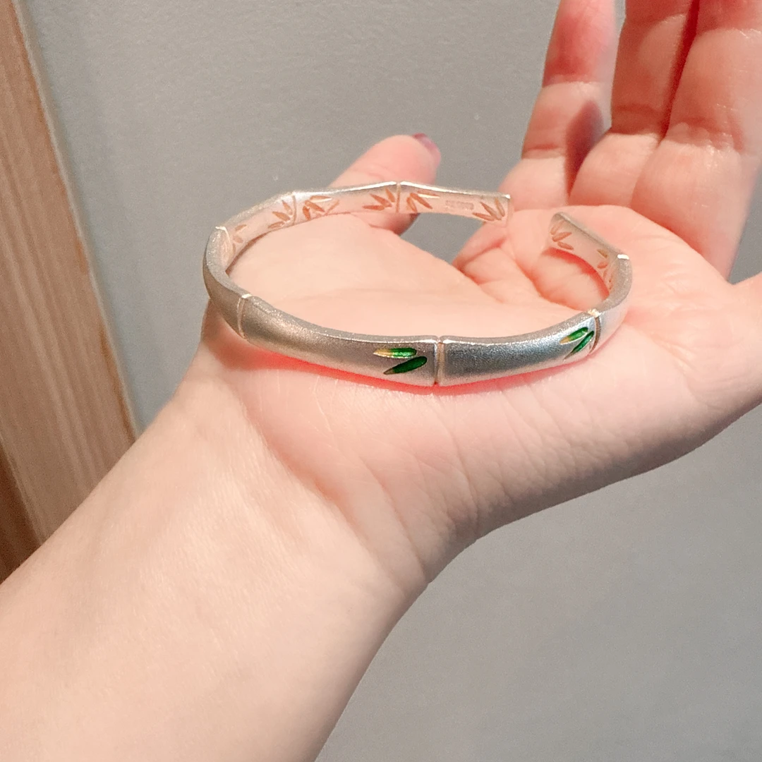 足银手镯 A35银9999描金珐琅彩竹节手镯国风新中式轻奢小众镯子