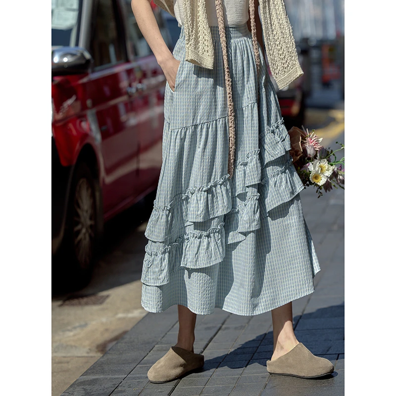 觅定格子半身裙女2025松紧下摆裙高腰遮跨空气蓝A字长裙DQ11140