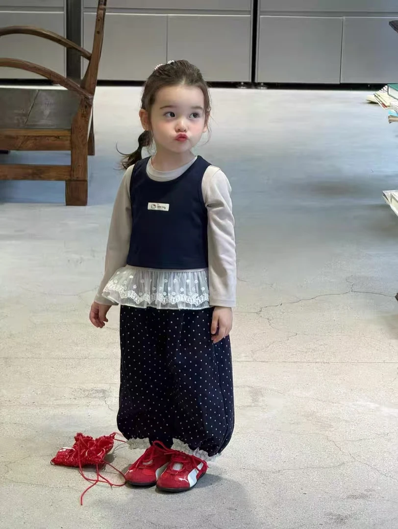 56008秋季新款女童韩版可爱花边上衣假两件+裤子套装