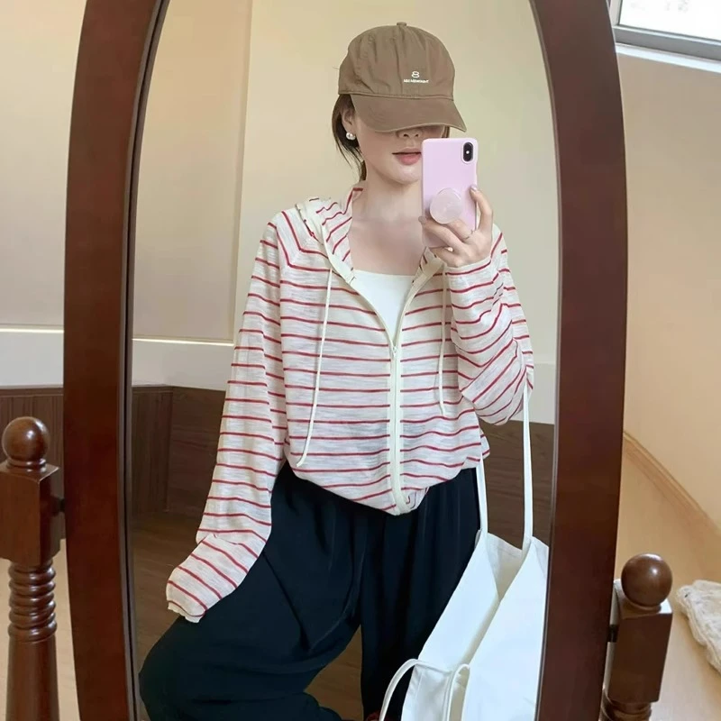 韩系长袖气质连帽条纹针织开衫防晒衣女夏季薄款冰丝空调外搭上衣