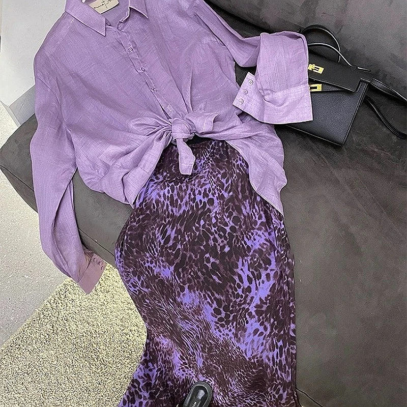 南油原创真醋酸修身高档紫色豹纹大牌百搭气质半身裙鱼尾裙长裙