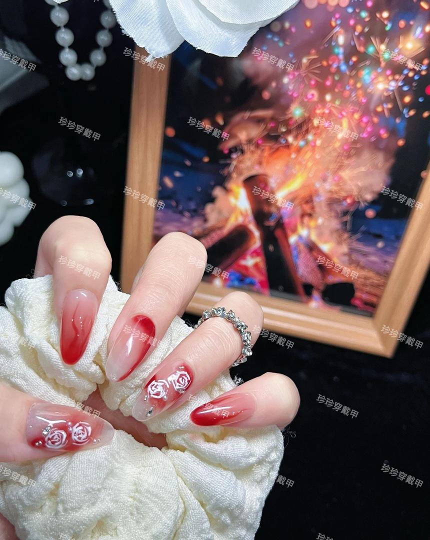 【烈焰玫瑰】珍珍手工穿戴甲辣妹气质红焰渐变晕染玫瑰可拆卸美甲