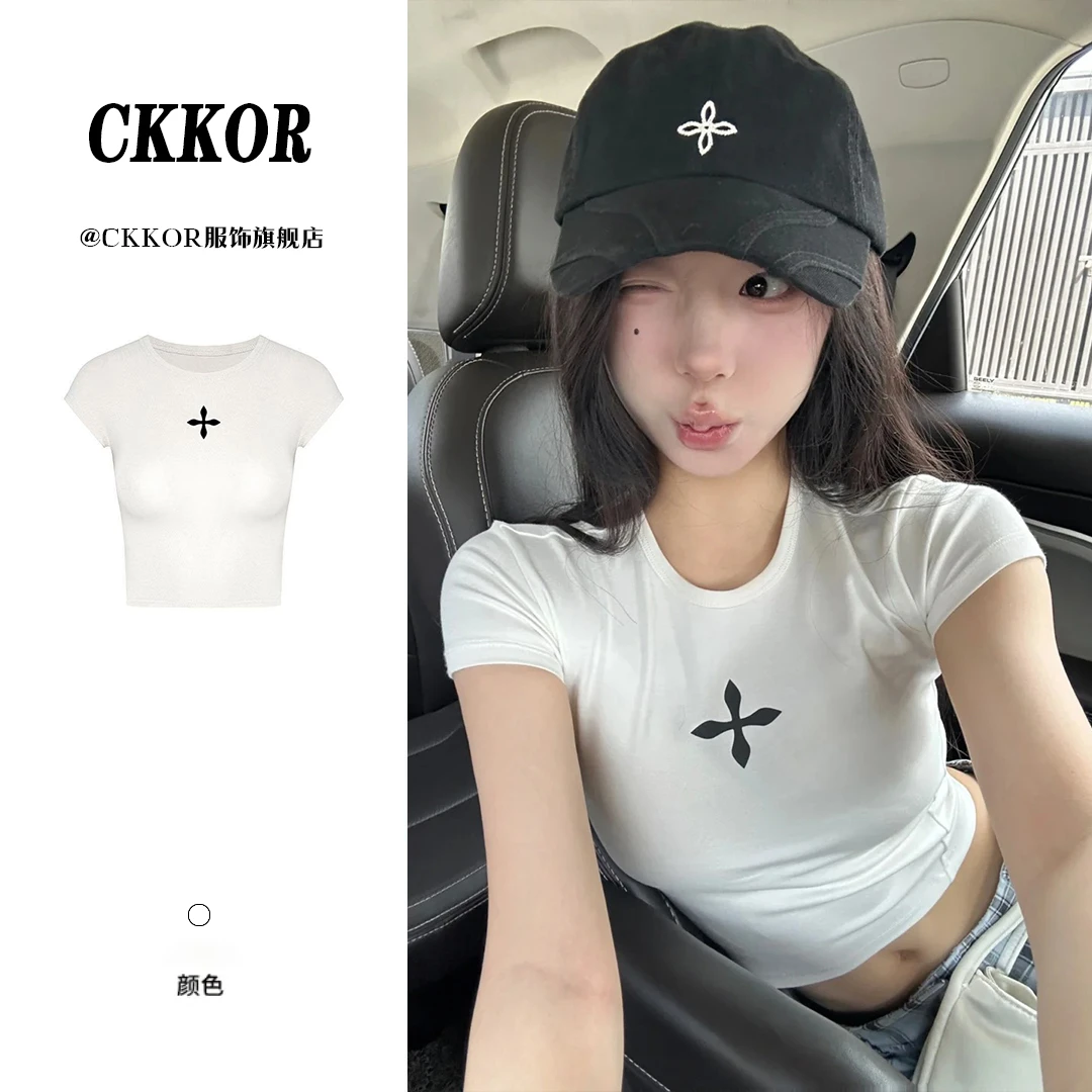 CKKOR圆领复古港风短袖t恤女夏季新款韩版辣妹风穿搭时尚短款上衣