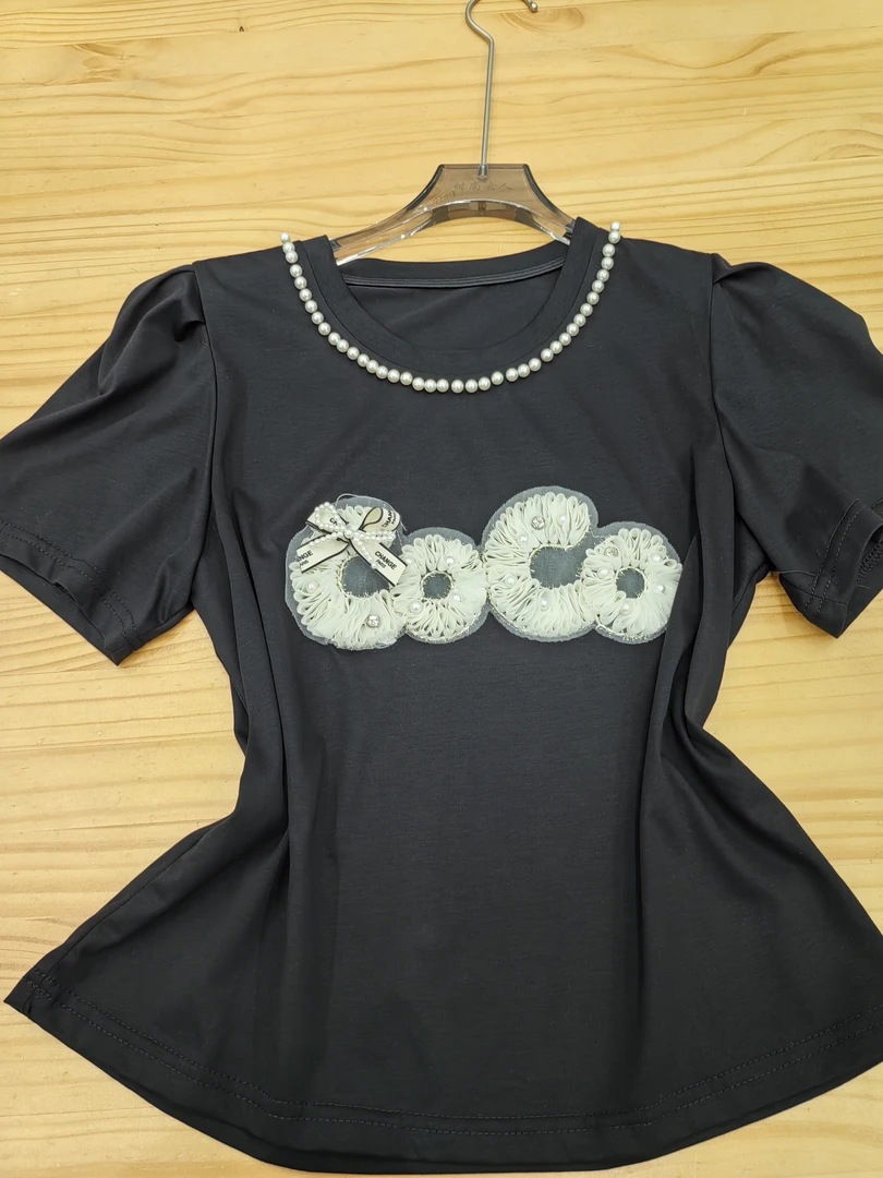 金姐推荐新款时尚百搭显瘦立体装饰钉珠常规短袖法式T恤9007