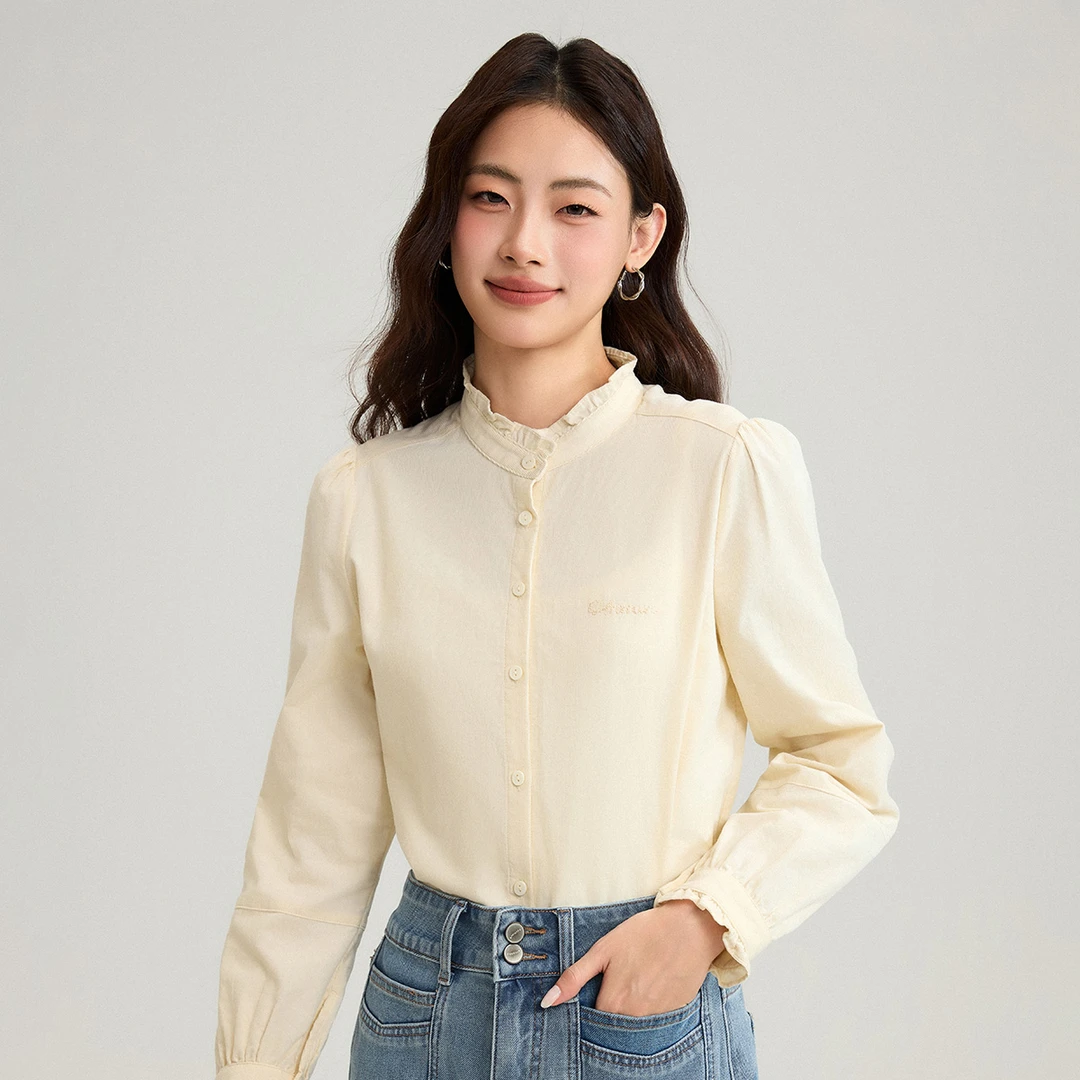 【流光风穿搭】茵曼25冬季纯棉法式荷叶领衬衫通勤长袖灯芯绒衬衣