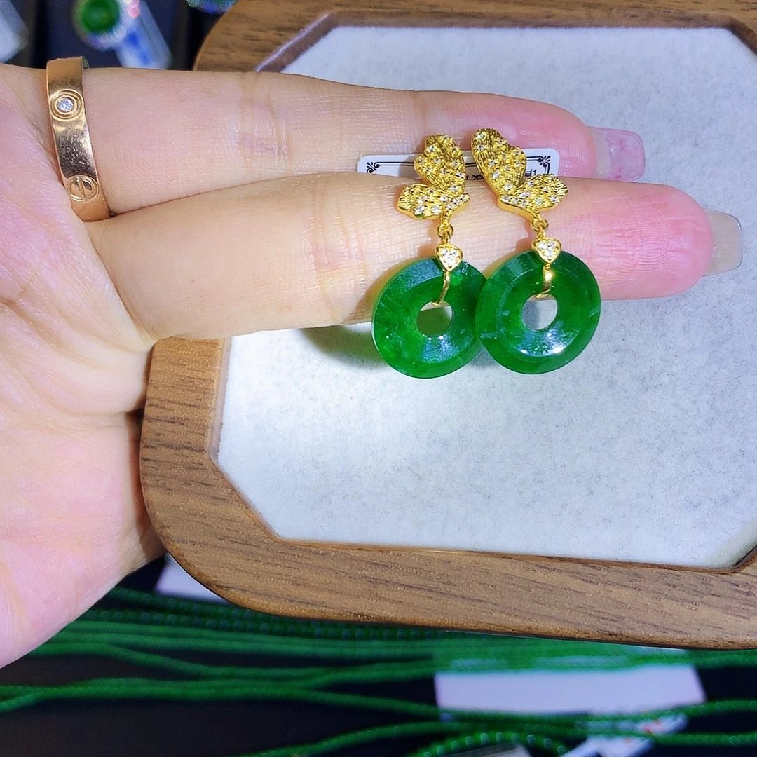 翡翠耳饰银S925镶嵌天然翡翠耳钉