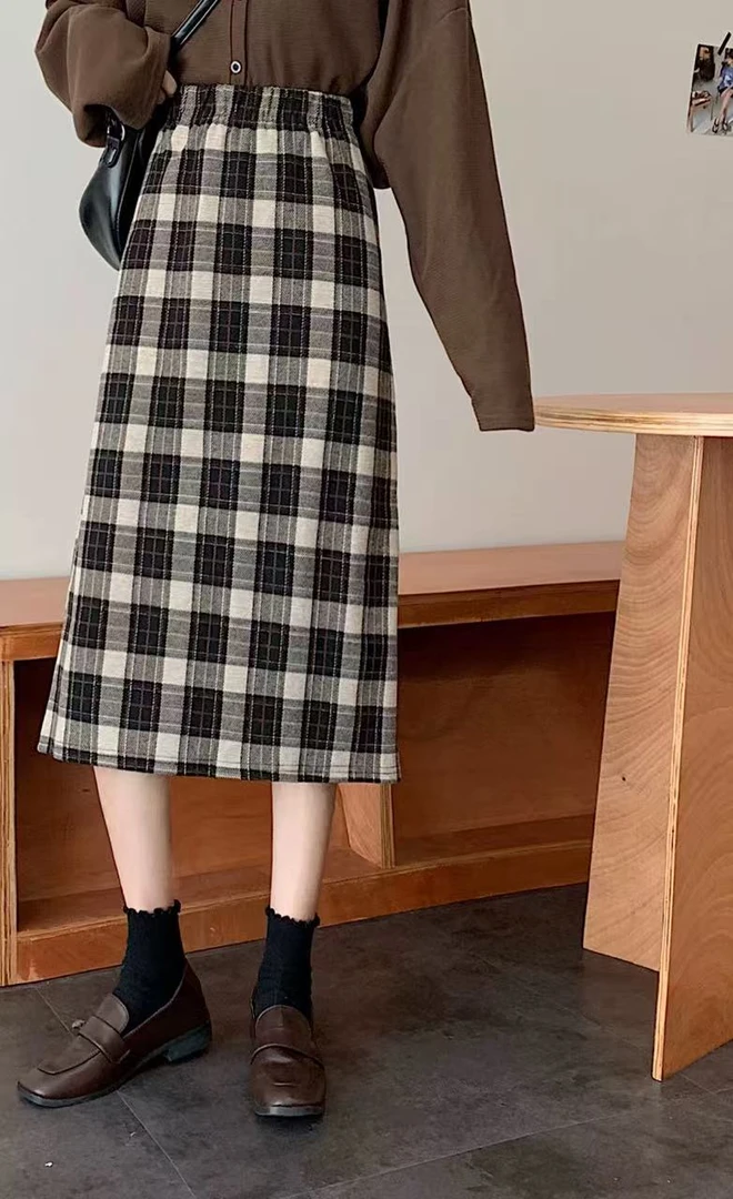 5012 格子中长款半身裙新款高腰a字长裙韩版后开叉一步裙