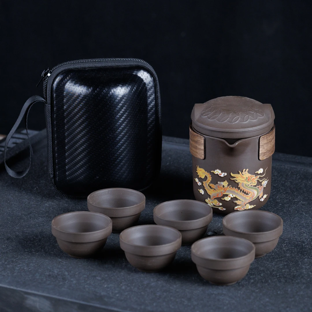 紫砂一壶六杯旅行茶具可家用办公带过滤公杯旅行包250cc容量