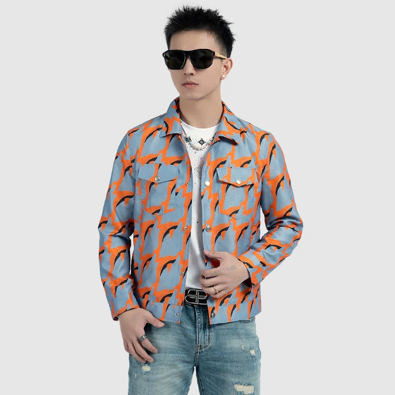 【莫斯吉尔】春季个性撞色满印翻领夹克男时尚潮流休闲短款痞帅外套