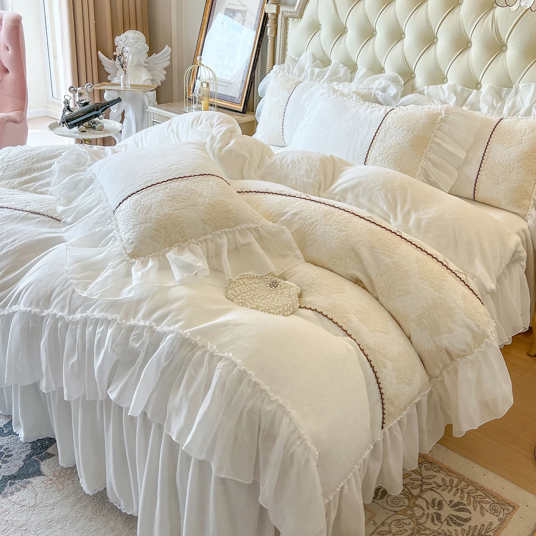 法式仙女冬季加绒加厚牛奶绒四件套公主风蕾丝边被套双面毛绒床单