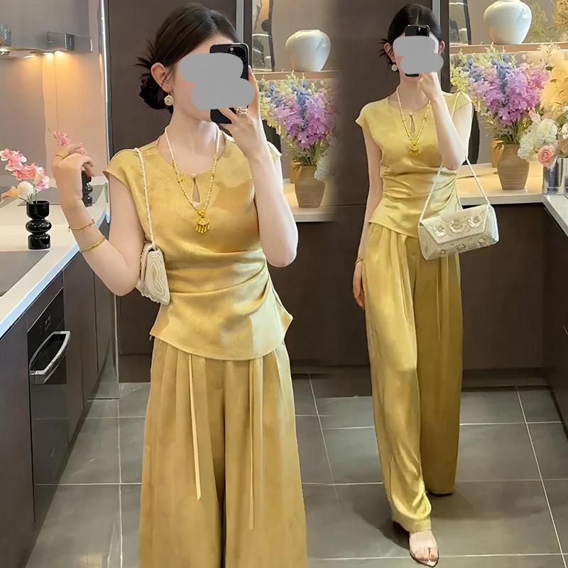 新中式国风套装女2025新款夏季复古禅意黄色无袖衬衫阔腿裤两件套