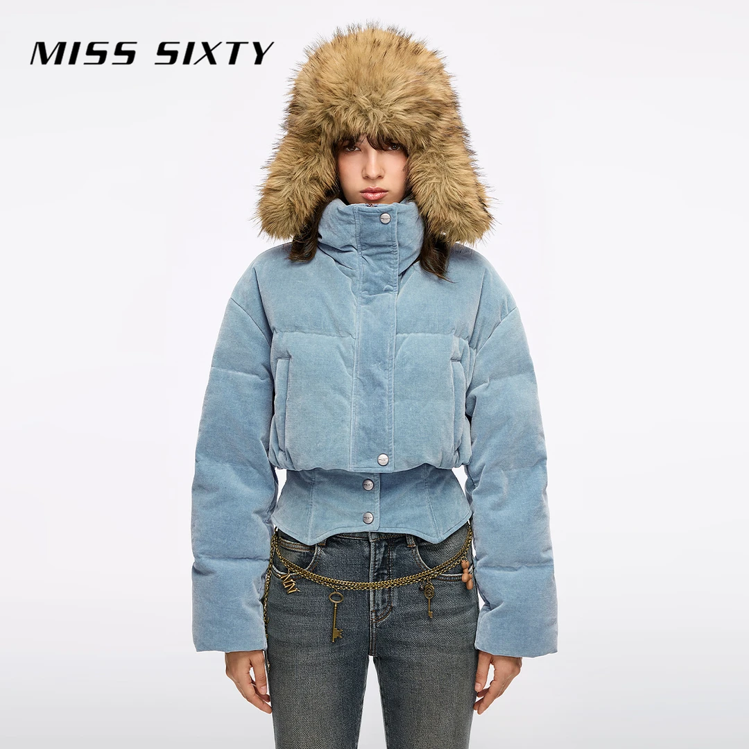 【90鸭绒】Miss Sixty2025冬季新款牛仔羽绒服女立领拼接腰封外套