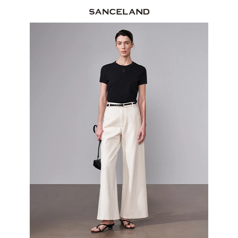 SANCELAND三石一澜25夏黑色纯棉圆领短款短袖修身T恤SJ21301020