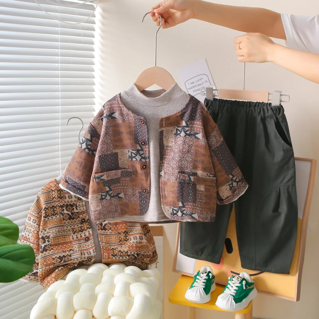 【沫沫家】春秋季男女童洋气三件套春秋时尚外穿复古满印三件套