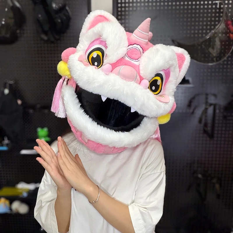 醒狮头套麒麟限定系列摩托车骑行头盔套可爱保暖机车专用揭面全盔