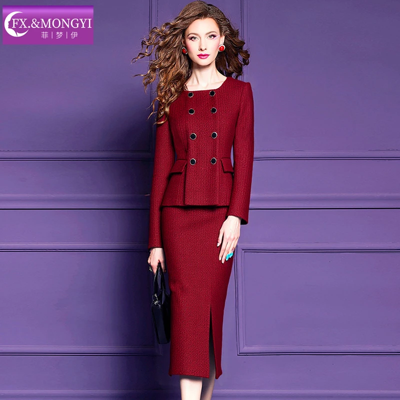 菲梦伊含羊毛红色小香风套装女冬季名媛加厚毛呢外套包臀裙68966