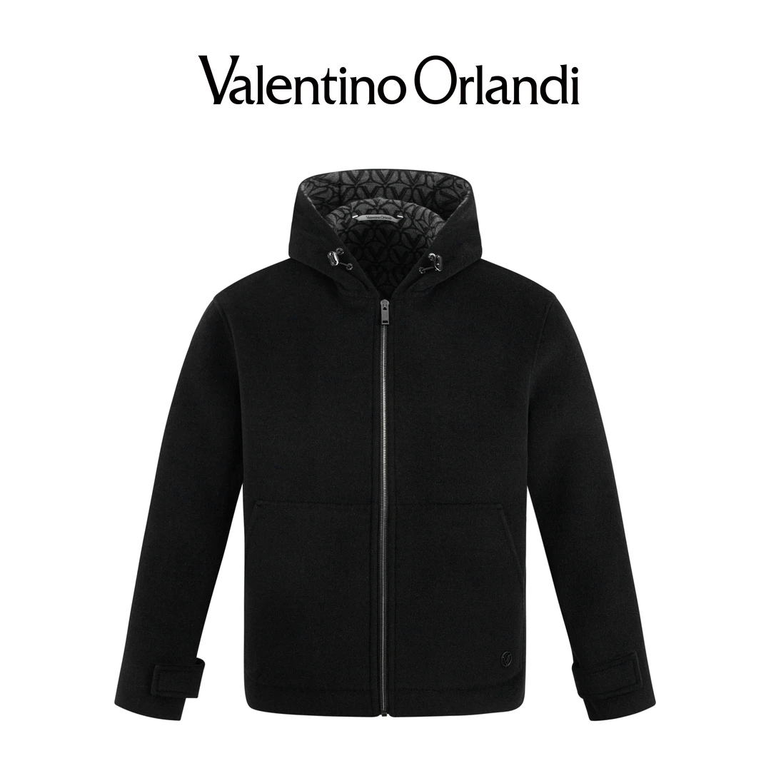 华伦天奴.奥兰迪男士秋冬B版简约金属V标连帽绵羊毛大衣1VJ172239