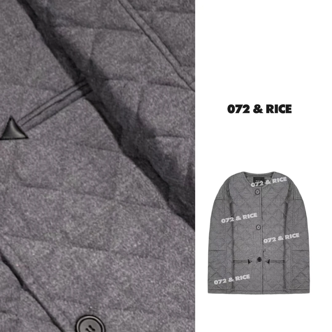 072 & RICE【象左】春季休闲圆领单排扣压纹棉服外套 A-BY9096