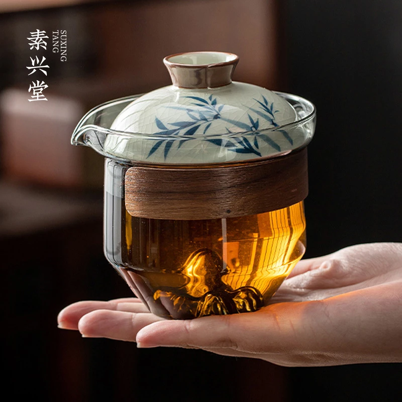 素兴堂玻璃盖碗手抓壶茶杯单个高档防烫功夫茶青花大号一人泡茶杯