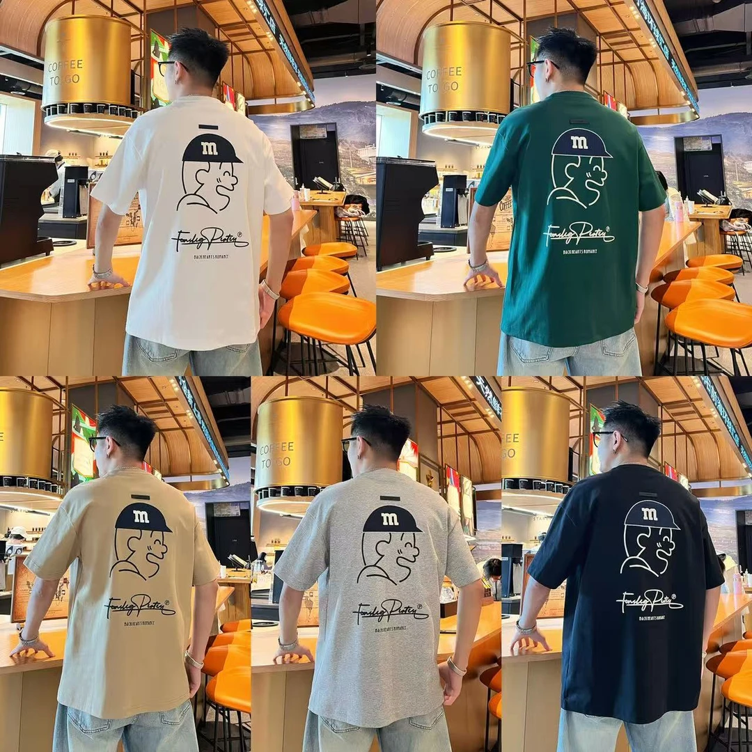 美式复古简约时尚休闲字母印花卡通贴布设计感男士圆领套头短袖