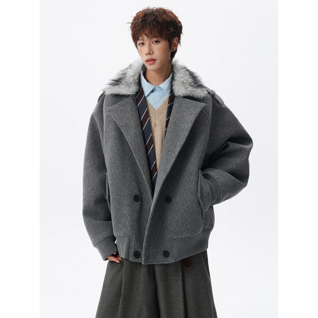 可拆卸毛领双排扣毛呢大衣男冬季潮牌高级感痞帅加厚保暖呢子外套
