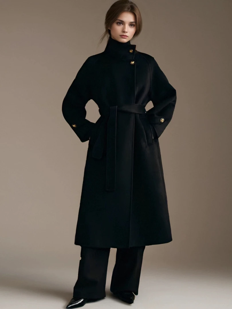 珩绣双面羊毛大衣女中长款系带立领翻领两用2025秋冬新款