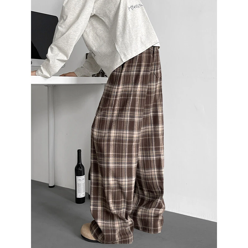 慵懒风格子垂感休闲裤春季新款美式复古潮牌宽松大码直筒长裤