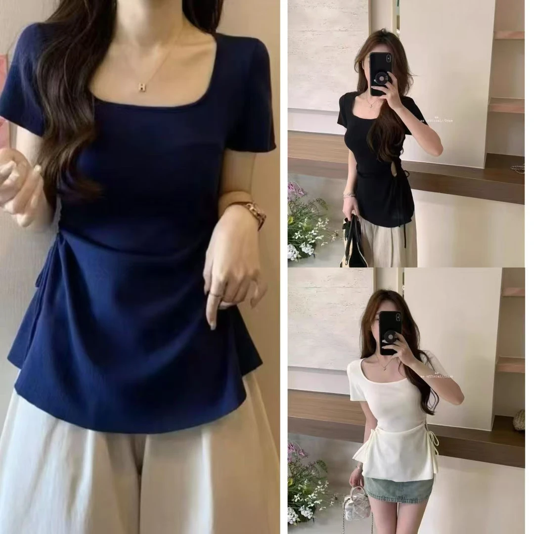 2025夏季新款时尚百搭纯欲气质温柔方领上衣25026