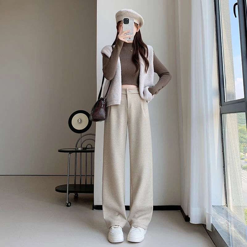 加厚毛呢阔腿裤女秋新款直筒宽松高腰冬季百搭气质高腰休闲裤西装