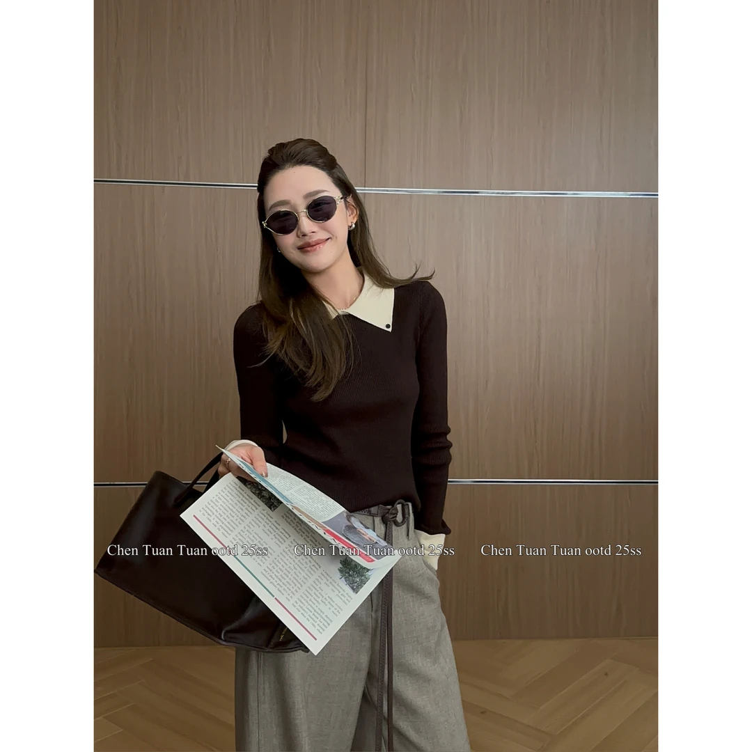 【TUAN】“视觉焦点”气质显瘦拼接POLO假两件拼色毛衣1202