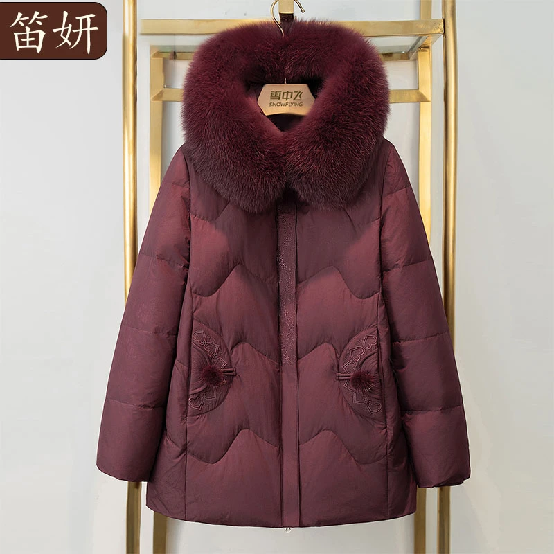 妈妈羽绒服女士中长款冬装中老年人新国风加厚大码红色外套