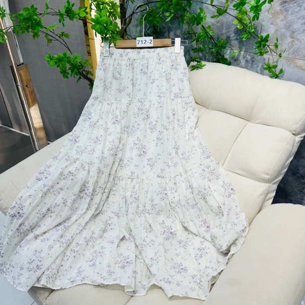 712-2#复古肌理感高腰碎花中长款拼接A字半身裙女