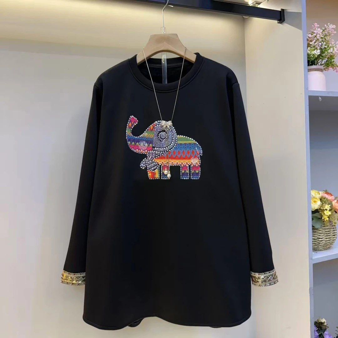 黑色女加厚拼接烫钻圆领加绒2025套头款卫衣宽松型