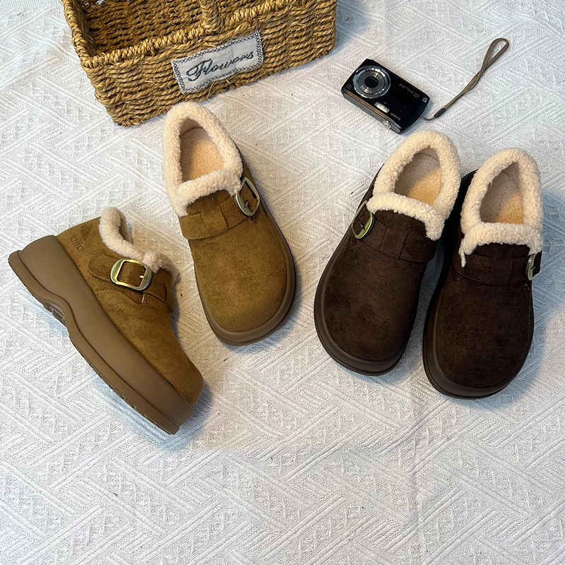 发泡底羊羔毛单鞋女2025冬季新款复古加绒雪地靴休闲百搭毛毛棉鞋