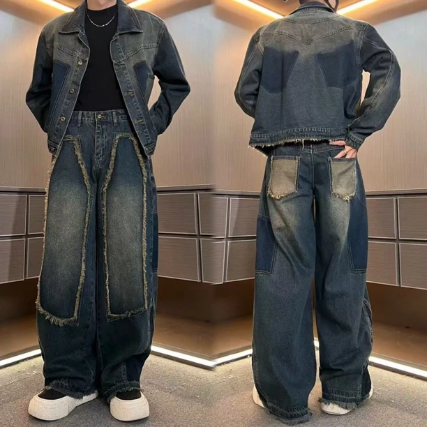 套装Z5277男士高品质磨毛明线拼接弯刀牛仔套装