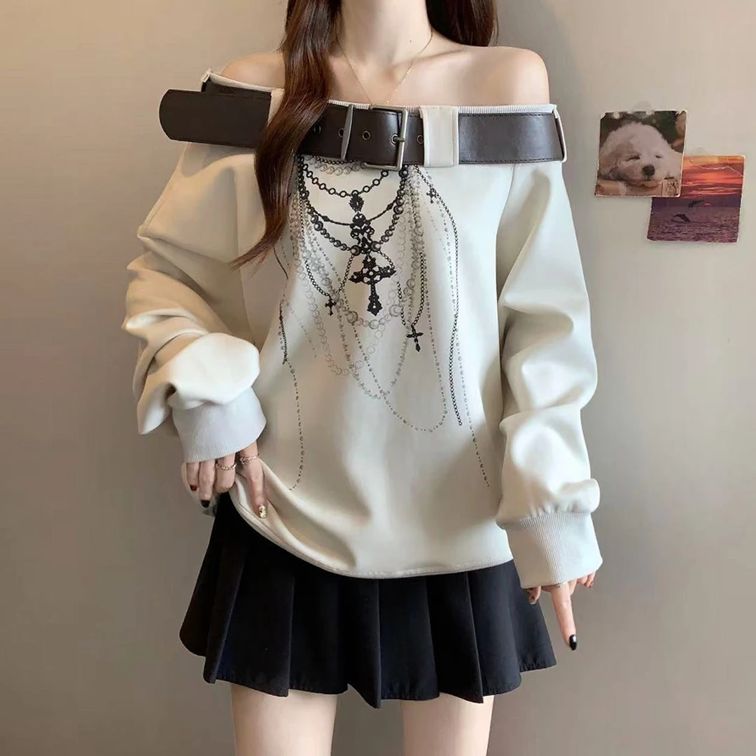 美式辣妹设计感露肩上衣女2025新款秋冬百搭宽松外穿长袖斜肩卫衣