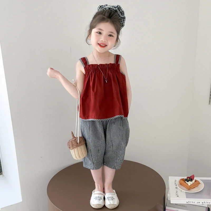 女童夏季背心套装女宝宝洋气甜美格纹裤夏装新款儿童休闲两件套潮