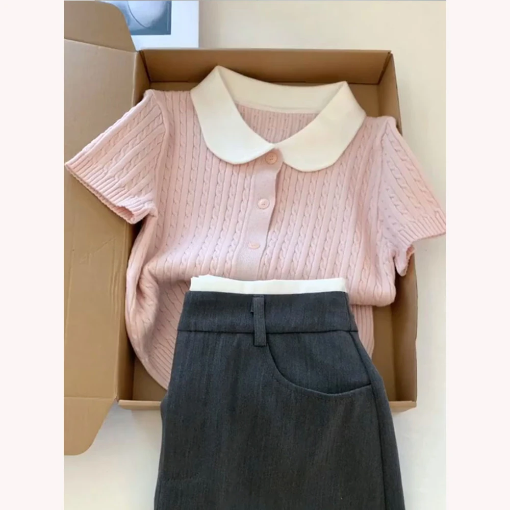 超好看甜美法式修身薄款粉色娃娃领短袖针织衫女2025夏季短款上衣