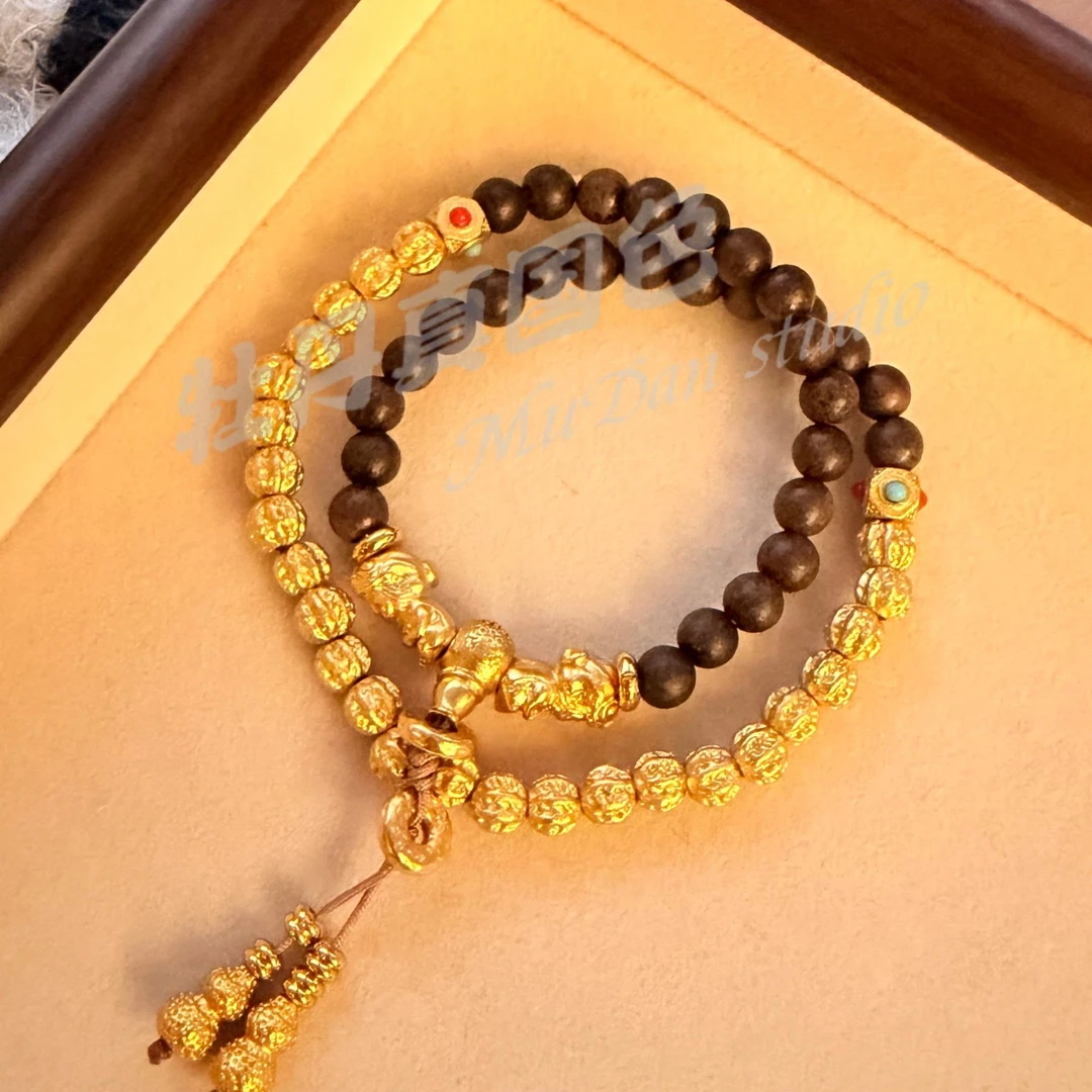 铜合金手链 铜合金中式黑八宝木纹檀檀双圈手串轻奢时尚F30